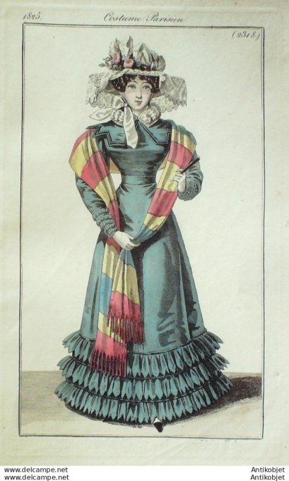 Gravure de mode Costume Parisien 1825 n°2318 Robe de gros d'été écharpe