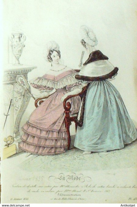 Gravure La mode 1835 n°422 Robe de satin brodé à volants