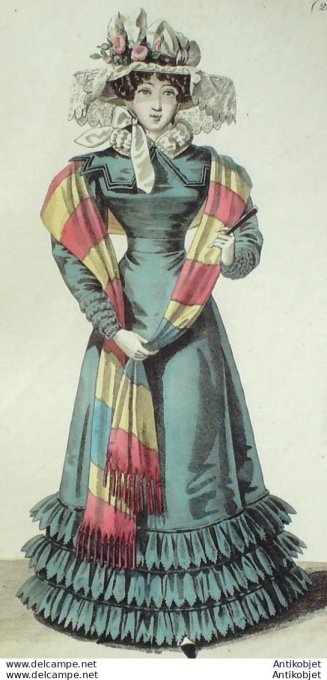 Gravure de mode Costume Parisien 1825 n°2318 Robe de gros d'été écharpe