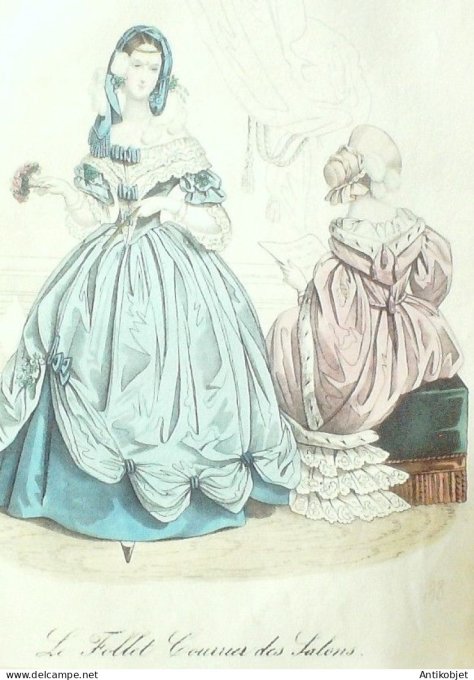 Gravure Mode Le Follet 1839 # 438 (aquarelle Old Fashion plate)