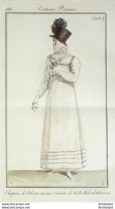 Costume Parisien 1816 # 1550 Chapeau velours sur Cornette