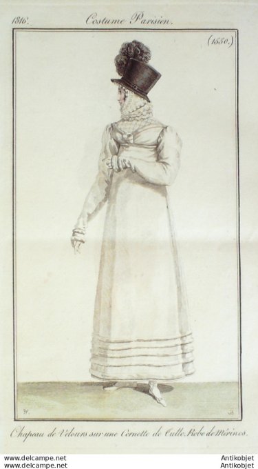 Gravure de mode Costume Parisien 1816 n°1550 Chapeau velours sur Cornette