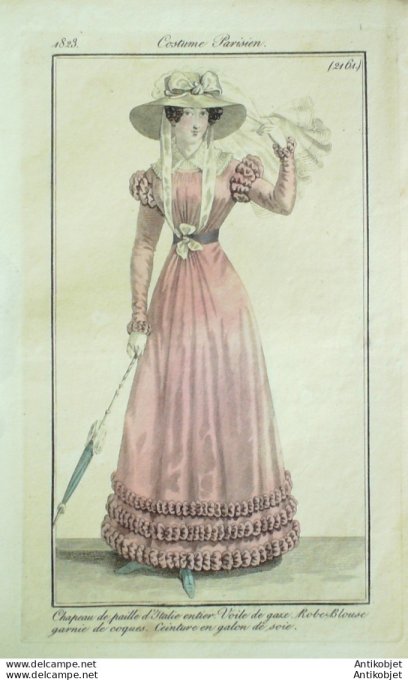 Gravure de mode Costume Parisien 1823 n°2161 Robe blouse garnie de coques