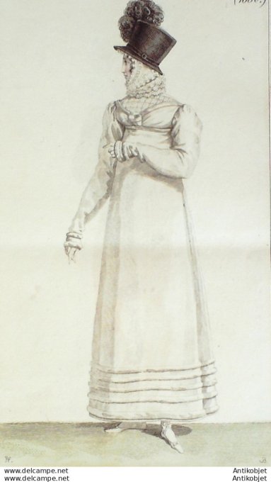 Gravure de mode Costume Parisien 1816 n°1550 Chapeau velours sur Cornette