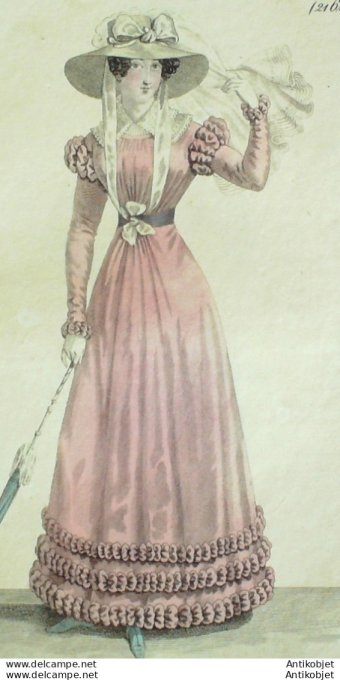 Gravure de mode Costume Parisien 1823 n°2161 Robe blouse garnie de coques