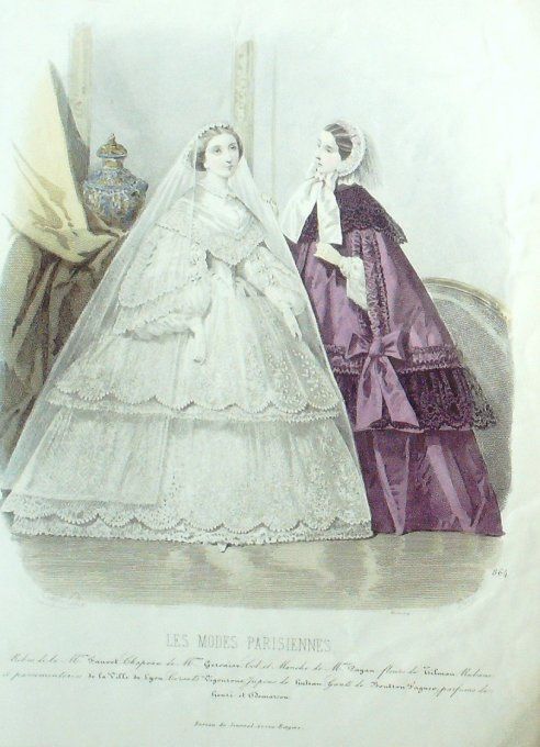 Gravure Les Modes Parisiennes 1859 # 864 Robes de Mariée Maison Fauvet