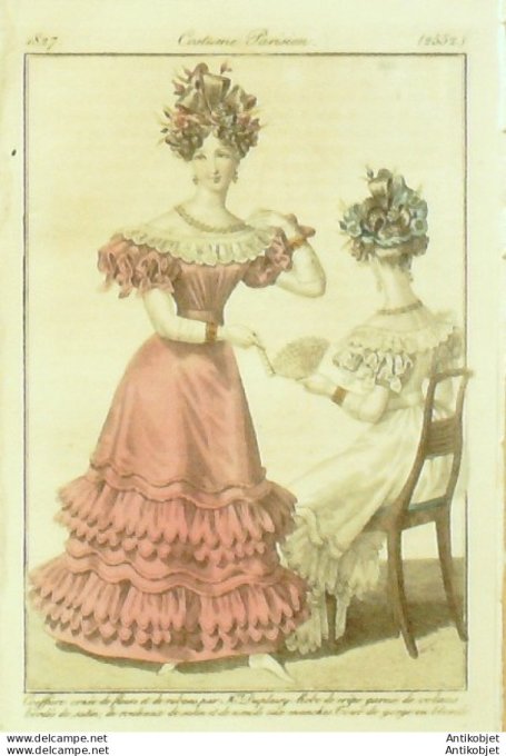 Costume Parisien 1827 # 2552 Robe de crêpe garnie de volants