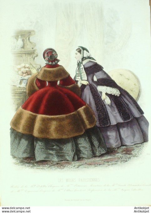 Gravure Les Modes Parisiennes 1858 # 822 Robes d'hiver Maison Delille
