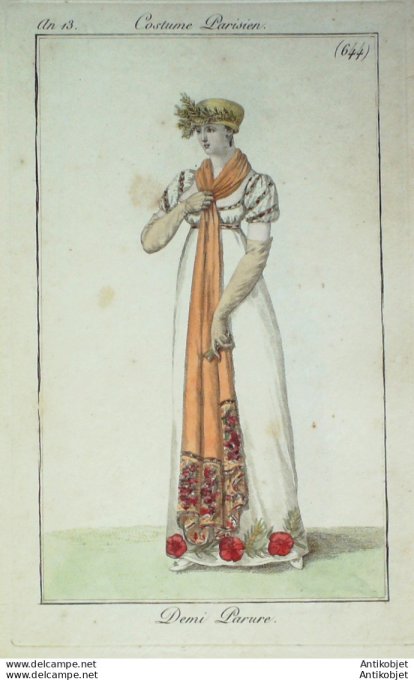 Gravure de mode Costume Parisien 1805 n° 644 (An 13) Demi parure