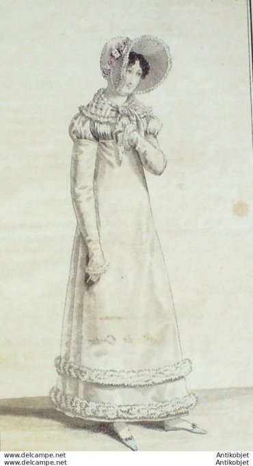 Gravure de mode Costume Parisien 1818 n°1742 Robe mousseline gaze doublé