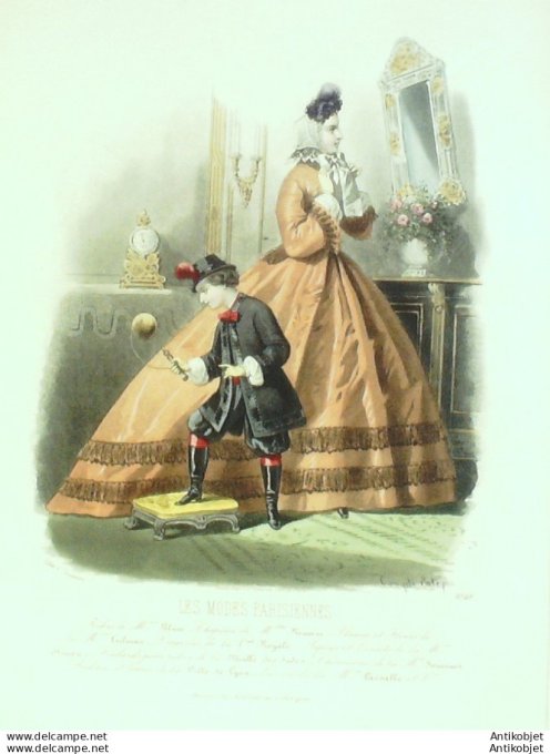 Gravure Les Modes Parisiennes 1863 #1048 Costume & robe velours Maison Blum