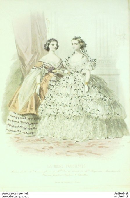 Gravure Les Modes Parisiennes 1858 # 823 Robes de bal Maison Fauvet