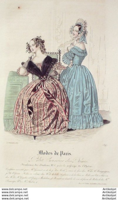 Gravure Mode Courrier des Dames 1837 # 1397 (eau forte old Fashion plate)