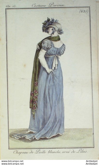 Gravure de mode Costume Parisien 1805 n° 635 (An 13) Chapeau de paille blanche