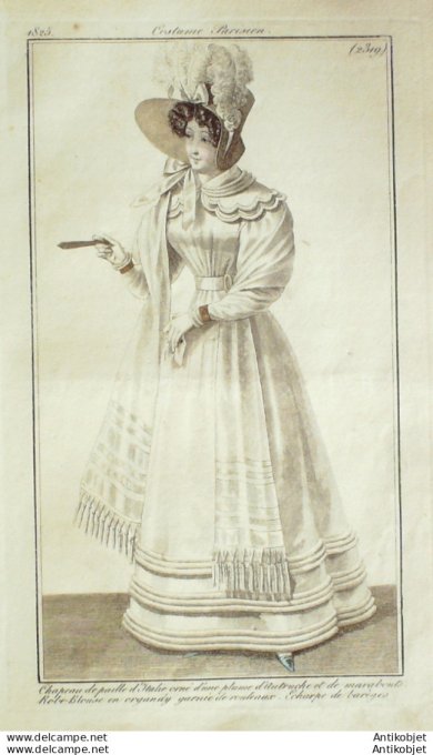 Gravure de mode Costume Parisien 1825 n°2319 Robe blouse en organdy