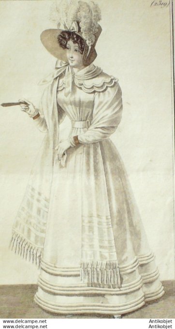 Gravure de mode Costume Parisien 1825 n°2319 Robe blouse en organdy