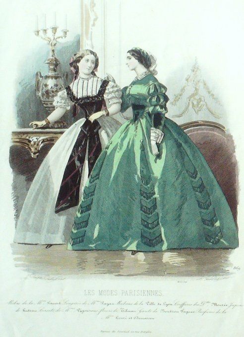 Gravure Les Modes Parisiennes 1859 # 869 Robes gros de Naples Maison Fauvet