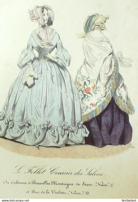 Gravure Mode Le Follet 1838 # 436 (aquarelle Old Fashion plate)