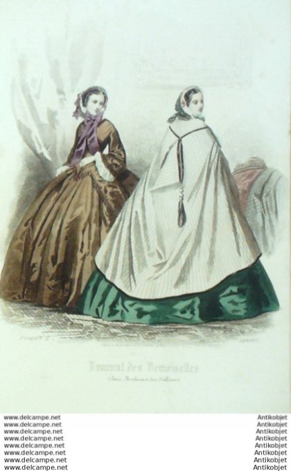 Gravure Mode J.Demoiselles 1858 # 12 (aquarelle Old Fashion plate)