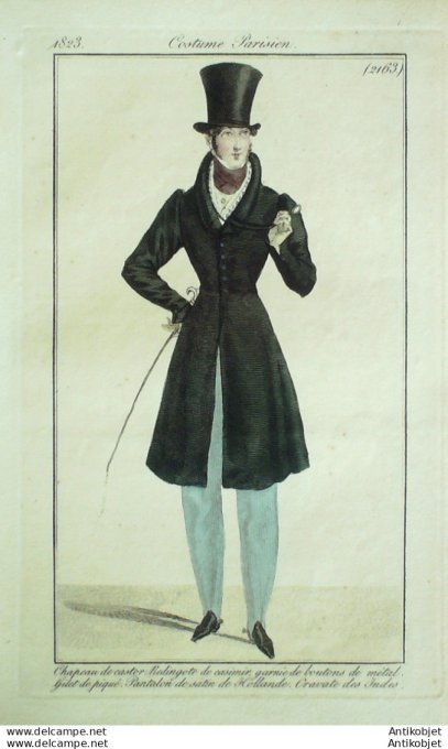 Gravure de mode Costume Parisien 1823 n°2163 Redingote casimir homme gilet piqué