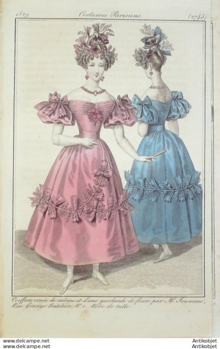 Gravure de mode Costume Parisien 1829 n°2745 Robes de tulle