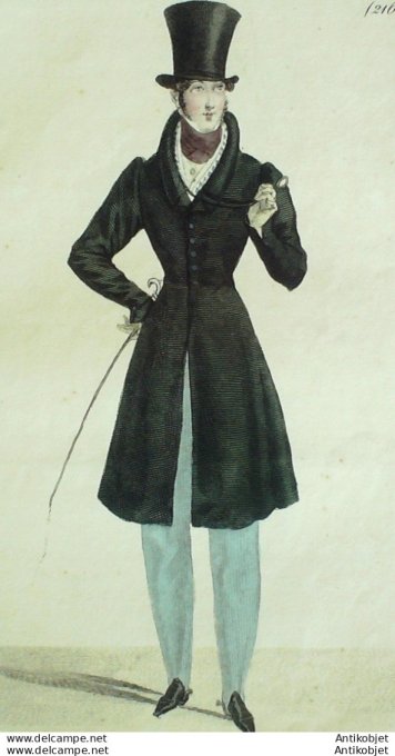 Gravure de mode Costume Parisien 1823 n°2163 Redingote casimir homme gilet piqué