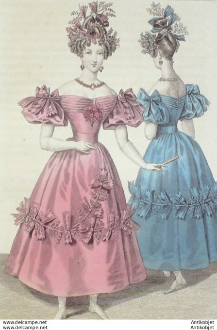 Gravure de mode Costume Parisien 1829 n°2745 Robes de tulle