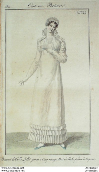 Gravure de mode Costume Parisien 1811 n°1164 Bas de robe plissé à tuyaux