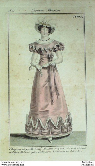 Gravure de mode Costume Parisien 1821 n°2014 Robe gros d'été bordures blonde