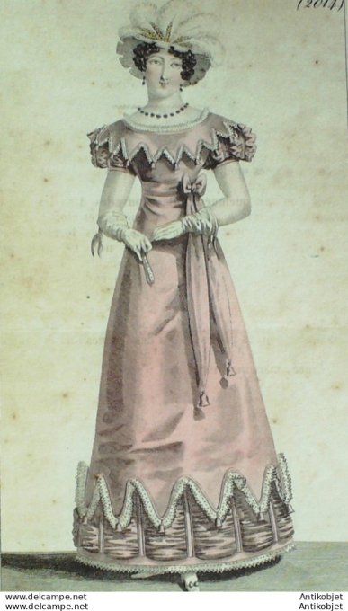 Gravure de mode Costume Parisien 1821 n°2014 Robe gros d'été bordures blonde