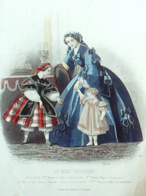 Gravure Les Modes Parisiennes 1859 # 871 Costumes enfants Maison Fauvet