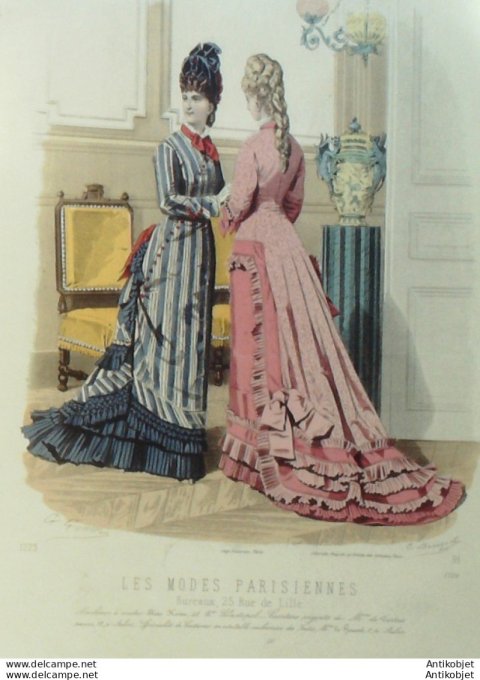Gravure Les Modes Parisiennes 1877 #1720 Robes tissu imprimé Maison Roussel at