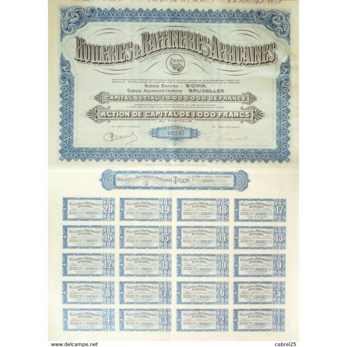 HUILERIES et RAFFINERIES AFRICAINES (H.R.A.)-BOMA-BELGIQUE-ACTION-1000 FR-1928