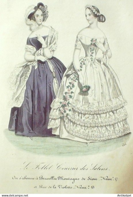 Gravure Mode Le Follet 1838 # 434 (aquarelle Old Fashion plate)