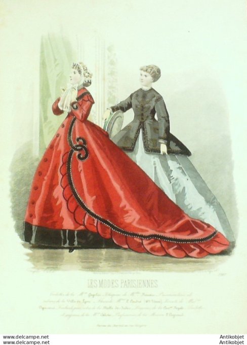 Gravure Les Modes Parisiennes 1865 #1207 Robes en velours Maison Cagelin