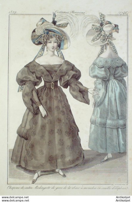 Gravure de mode Costume Parisien 1829 n°2746 Redingote gros de Chine