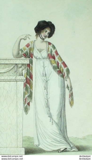 Gravure de mode Costume Parisien 1800 n° 262 (An 9) Fichu quadrillé