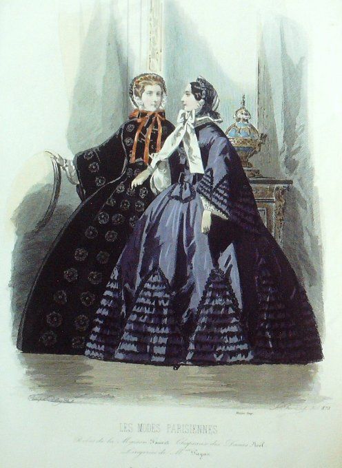 Gravure Les Modes Parisiennes 1859 # 873 Robes du soir Maison Fauvet