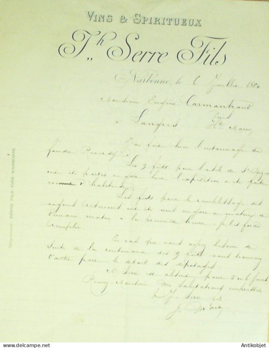 Lettre Ciale Th Serre fils (vins spiritueux) 1890 Narbonne (66) 2