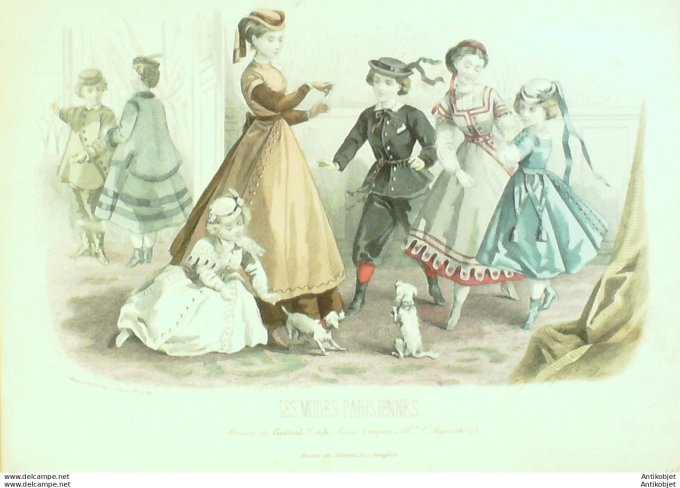 Gravure Les Modes Parisiennes 1863 #1049 Costumes enfants Maison Cardinal Fesch
