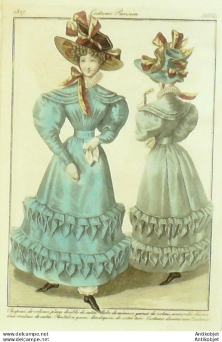 Costume Parisien 1827 # 2554 Robe de Mérinos garnie de volans