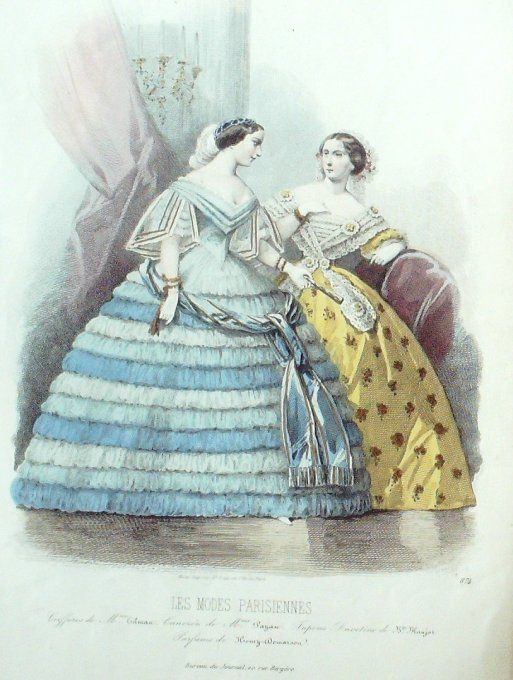 Gravure Les Modes Parisiennes 1859 # 874 Robes de bal Maison Tilmau