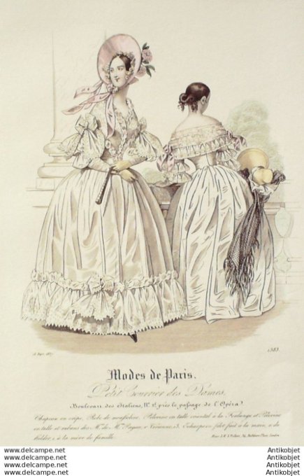 Gravure Mode Courrier des Dames 1837 # 1383 (eau forte old Fashion plate)