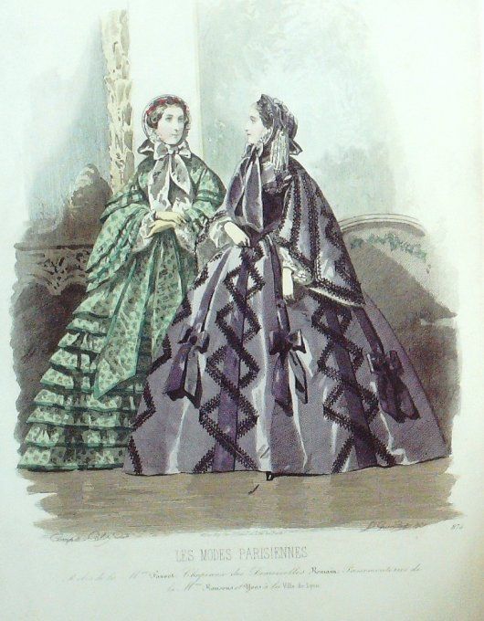 Gravure Les Modes Parisiennes 1859 # 875 Robes de promenade Maison Fauvet