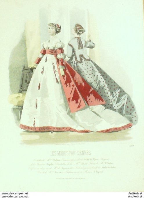 Gravure Les Modes Parisiennes 1865 #1208 Toilettes de soirées Maison Pieffort
