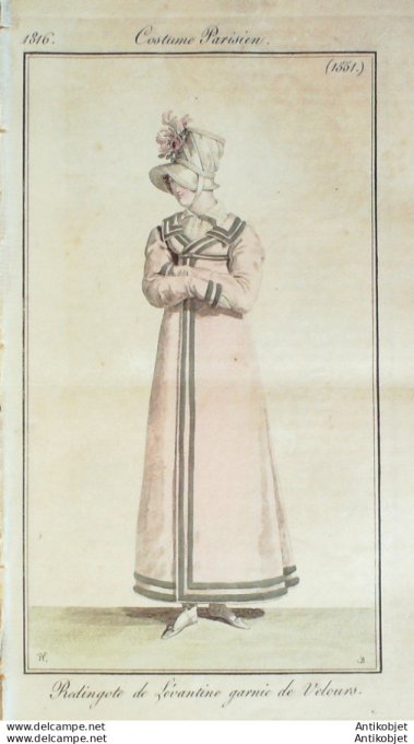 Gravure de mode Costume Parisien 1816 n°1551 Redingote de Lévantine