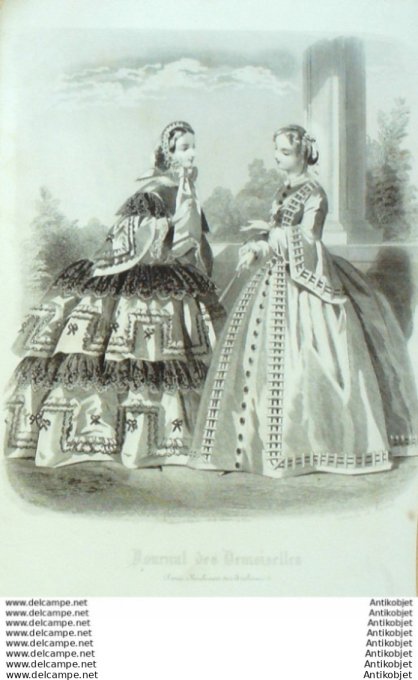 Gravure Mode J.Demoiselles 1857 # 11b (aquarelle Old Fashion plate)