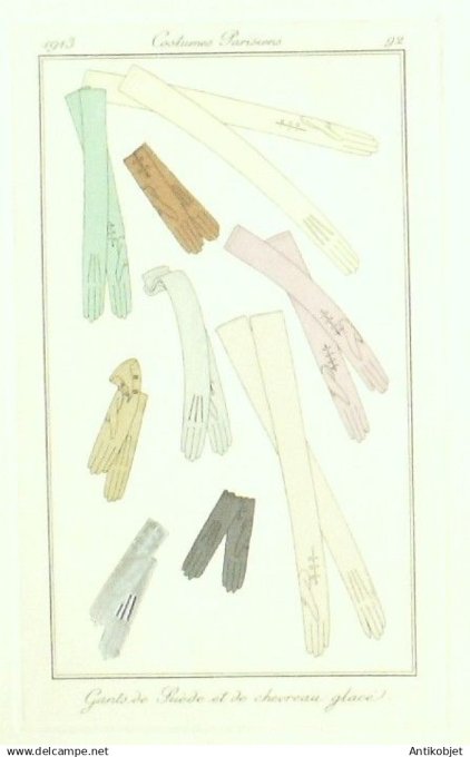 Gravure Costume Parisien 1913 # 92 Vallee Armand (eau forte) Gants Suèdois