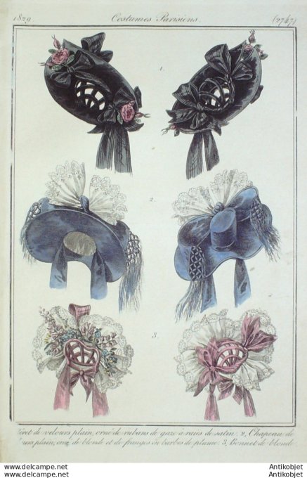 Costume Parisien 1829 # 2747 Béret velours bonnet et chapeaux