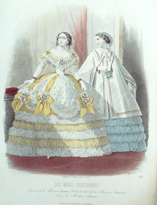 Gravure Les Modes Parisiennes 1859 # 876 Robes de soirée Maison Fauvet
